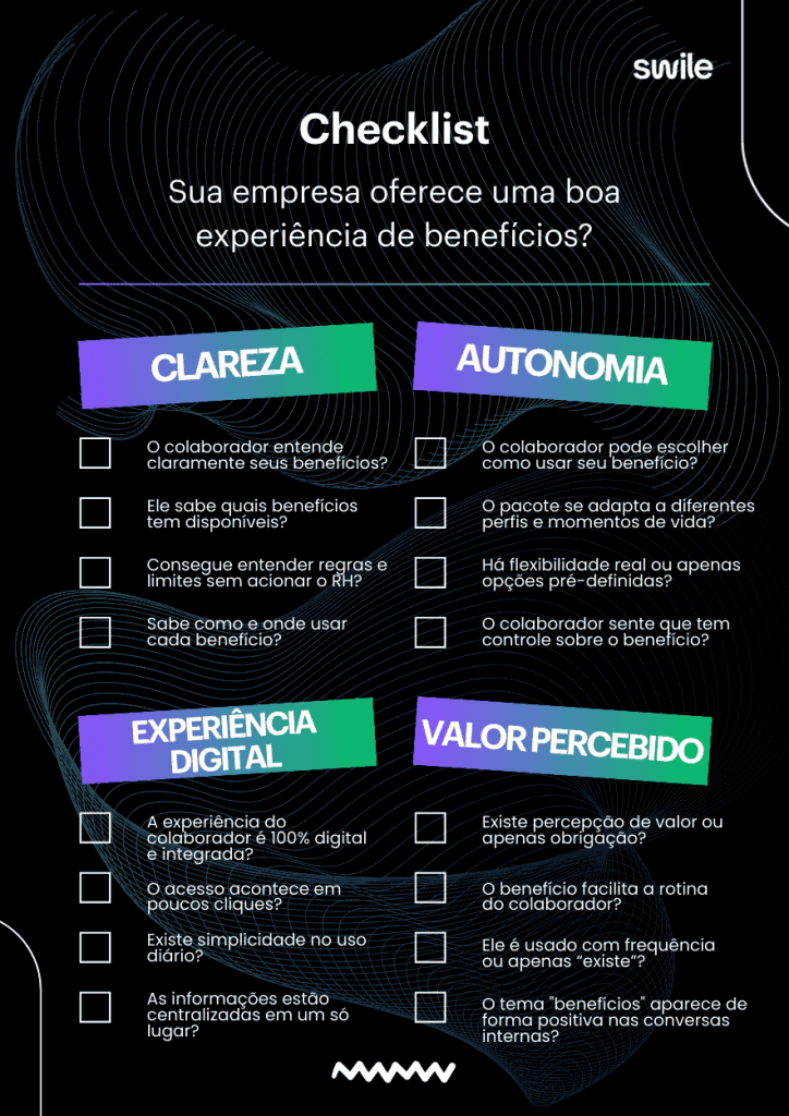 Infográfico checklist de employee experience com foco na experiência do colaborador com benefícios, abordando clareza, autonomia, experiência digital integrada e valor percebido.