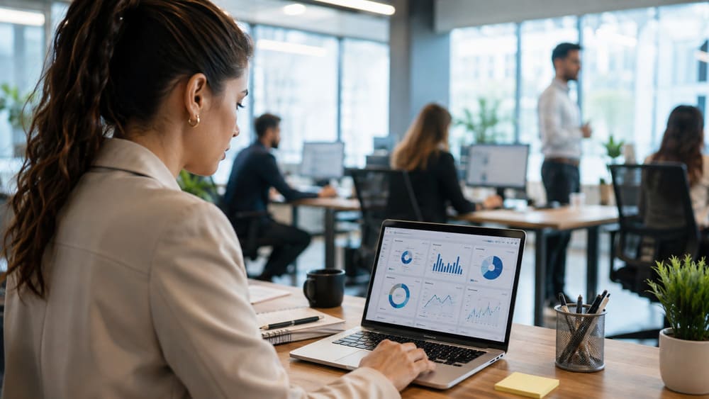 Mulher analisando gráficos relacionados a absenteísmo na tela do notebook com outros colaboradores trabalhando ao fundo da imagem.