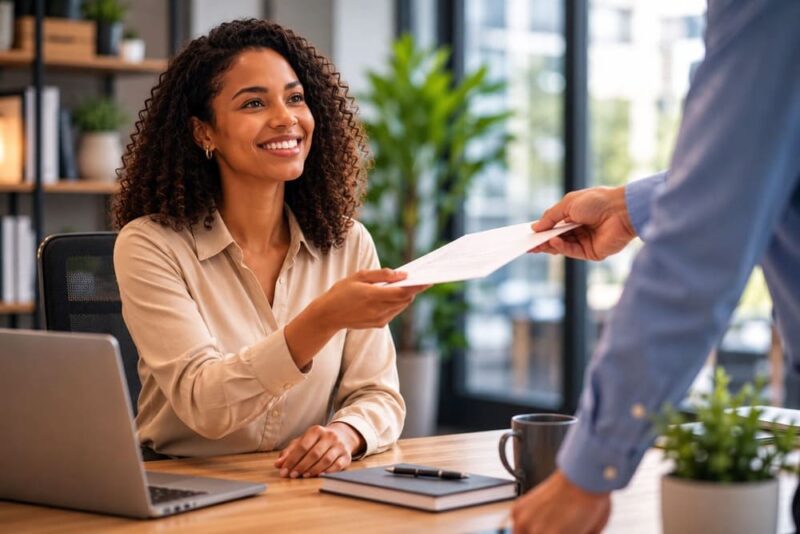 Colaboradora sorrindo em ambiente corporativo recebe um envelope com a antecipação de salário das mãos do líder.
