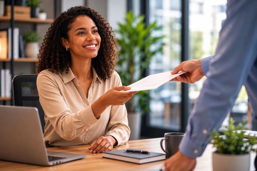 Colaboradora sorrindo em ambiente corporativo recebe um envelope com a antecipação de salário das mãos do líder.