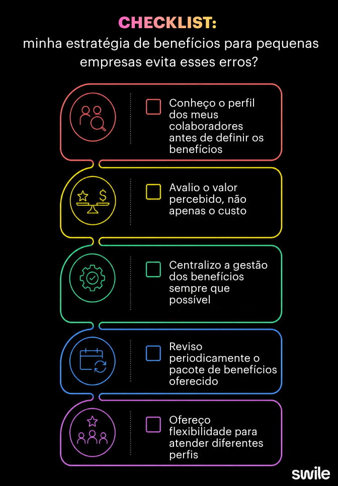 Checklist com boas práticas para estruturar benefícios para pequenas empresas, destacando pontos como conhecer o perfil dos colaboradores, revisar periodicamente o pacote e centralizar a gestão dos benefícios.