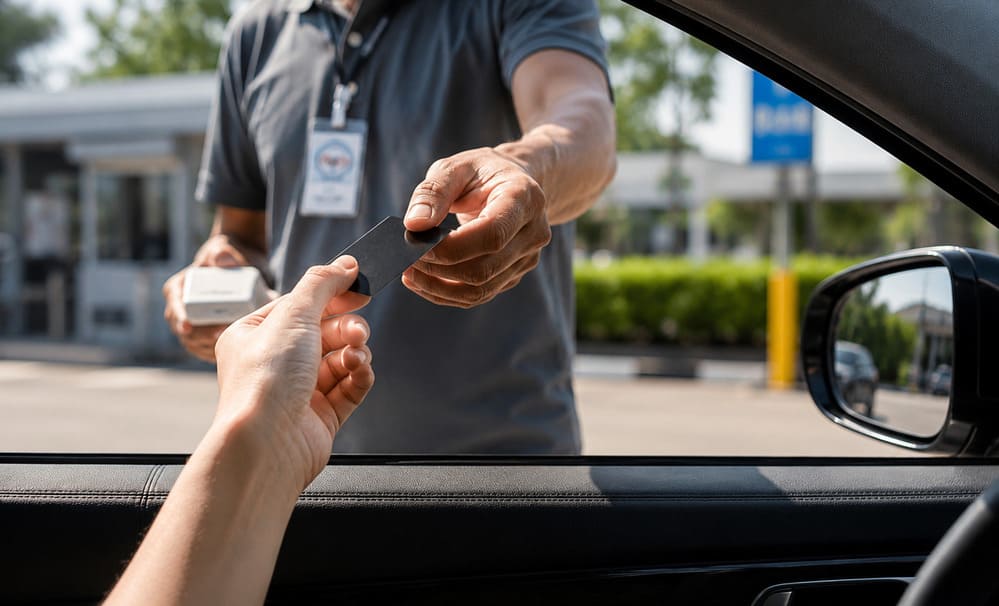 Pessoa entrega um cartão preto pela janela do carro em um posto, representando o uso do vale-combustível para abastecimento.