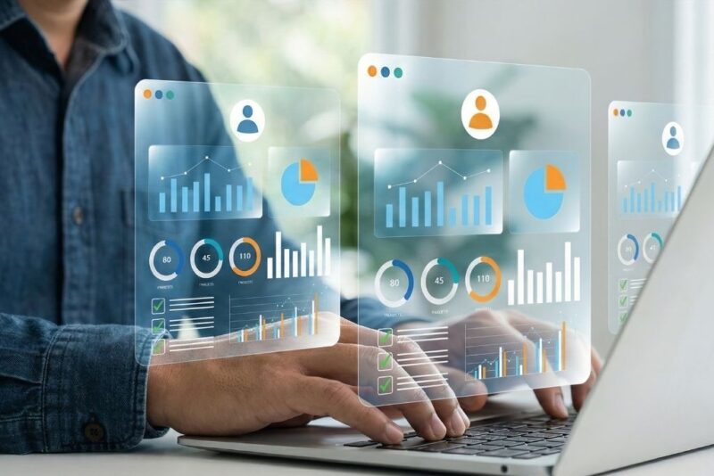 Um homem utiliza um notebook onde diversas interfaces gráficas flutuam digitalmente sobre o teclado, exibindo métricas e gráficos de KPIs de RH em tempo real. As telas sobrepostas mostram ícones de perfis de colaboradores, gráficos de barras e diagramas circulares, ilustrando o monitoramento tecnológico e analítico da gestão de pessoas através de dashboards inteligentes.