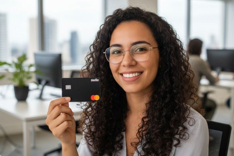 Uma mulher jovem de cabelos cacheados e óculos sorri em um ambiente de escritório moderno e iluminado, segurando entre os dedos um cartão de benefícios preto da Swile. Ela representa a satisfação de uma colaboradora ao receber sua bonificação corporativa através de uma solução prática e digital. Ao fundo, é possível observar outras estações de trabalho, reforçando o contexto de valorização profissional no ambiente corporativo.