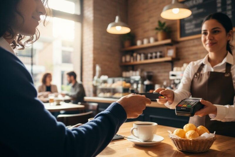 Uma mulher em uma cafeteria iluminada entrega um cartão de benefícios da Swile com a bandeira Mastercard para uma atendente. A funcionária segura uma máquina de cartão moderna enquanto a cliente, em primeiro plano, finaliza o pagamento de um café e uma porção de pães de queijo que estão sobre a mesa de madeira. A cena ilustra o uso prático de cartões multibenefícios no dia a dia, um fator essencial ao entender como escolher uma plataforma de benefícios que ofereça ampla aceitação e facilidade para os colaboradores.
