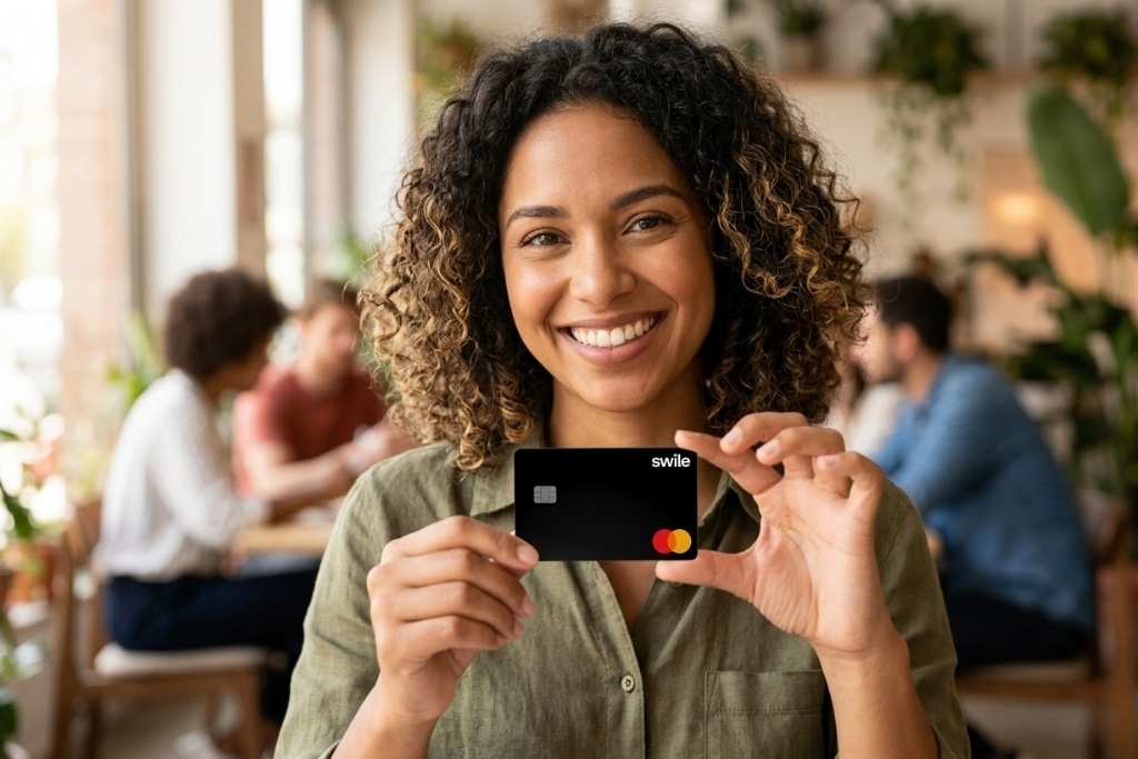 Uma mulher sorridente com cabelos cacheados segura e exibe um cartão de benefícios preto da marca Swile com a bandeira Mastercard. Ela está em um ambiente iluminado que parece ser um café ou um escritório moderno, com outras pessoas ao fundo de forma desfocada. A imagem transmite a praticidade e a satisfação do colaborador ao utilizar o cartão para gerenciar sua ajuda de custo de forma flexível e digital.