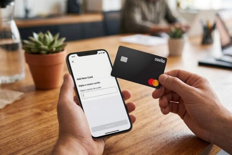 A imagem mostra as mãos de uma pessoa segurando um smartphone e um cartão de benefícios Swile preto sobre uma mesa de madeira. A tela do celular exibe um formulário de cadastro com o título "Add New Card" e o campo "Digite o número do cartão", ilustrando perfeitamente o processo de como cadastrar o cartão Swile em aplicativos de delivery. O ambiente ao fundo é um escritório moderno e iluminado, com plantas e materiais de trabalho desfocados, transmitindo uma sensação de praticidade no dia a dia corporativo.