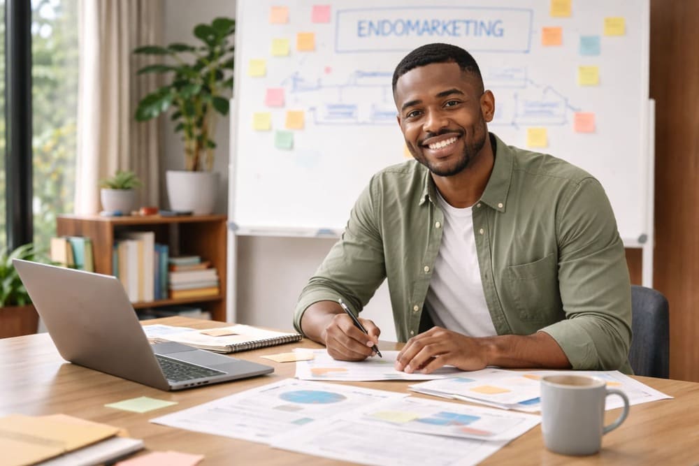 Homem sorrindo em ambiente corporativo analisa documentos e utiliza o notebook durante o planejamento de estratégias de endomarketing, com gráficos, anotações e materiais de apoio organizados sobre a mesa.