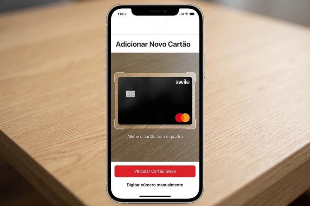 Um smartphone está posicionado verticalmente no centro da imagem sobre uma superfície de madeira clara. A tela do aparelho mostra a interface de um aplicativo com a funcionalidade de escaneamento de câmera para como cadastrar o cartão Swile em aplicativos de delivery. No visor, o cartão Swile preto aparece centralizado dentro de uma moldura de captura de dados, logo acima de um botão vermelho chamativo com o texto "Vincular Cartão Swile". Abaixo do botão, existe a opção para digitar o número manualmente, reforçando a facilidade de integração do benefício com serviços de entrega.