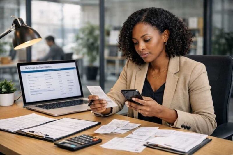 Mulher em ambiente corporativo analisa comprovantes e utiliza o celular para gerenciar o processo de reembolso de despesas, com laptop aberto exibindo relatórios financeiros e documentos organizados sobre a mesa.