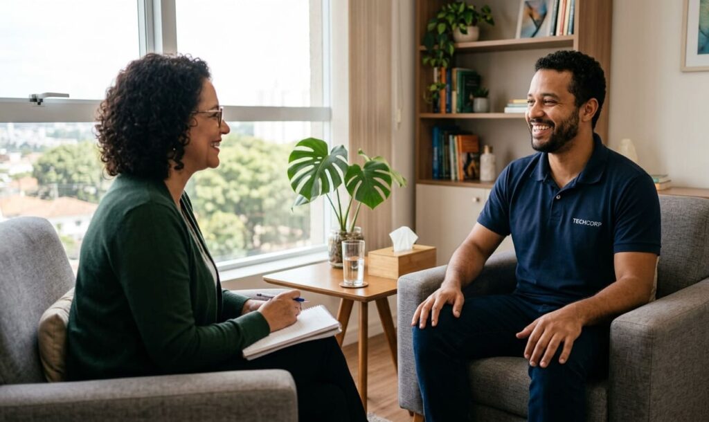 Sessão de atendimento psicológico entre profissional e paciente em ambiente acolhedor, representando o uso do vale terapia como benefício corporativo.