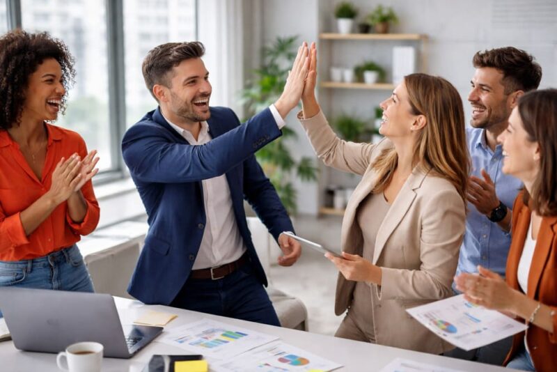 Equipe reunida em um escritório moderno celebra resultados positivos durante uma campanha de incentivo, com colaboradores sorrindo, interagindo naturalmente e reconhecendo conquistas em um ambiente corporativo colaborativo.