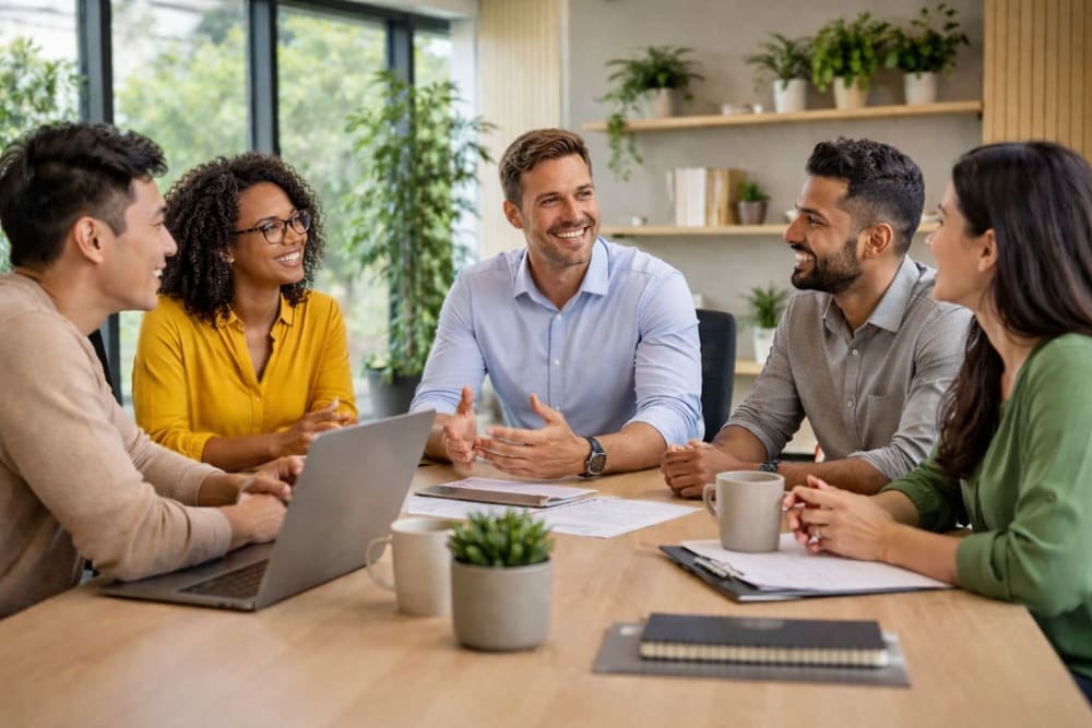 Líder conduz conversa com equipe diversa em ambiente corporativo moderno, incentivando a troca de ideias e a escuta ativa. A cena representa na prática elementos importantes de um EVP forte, como cultura organizacional, colaboração, desenvolvimento e valorização das pessoas.