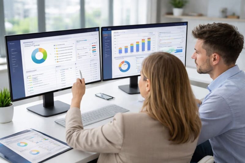 Profissionais analisando relatórios financeiros e gráficos em ambiente corporativo, representando o acompanhamento e controle de despesas corporativas para apoiar a tomada de decisões e a gestão de gastos da empresa.