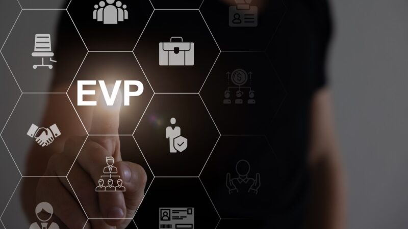 Representação visual do conceito de EVP (Employee Value Proposition) em interface digital, destacando ícones que indicam pilares como liderança, benefícios, desenvolvimento profissional, reconhecimento, experiência do colaborador e marca empregadora.
