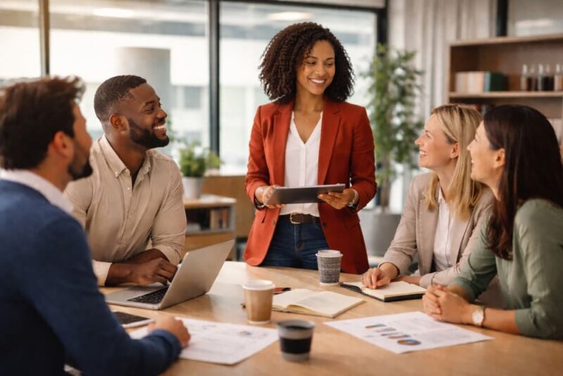 Liderança feminina em empresa.
