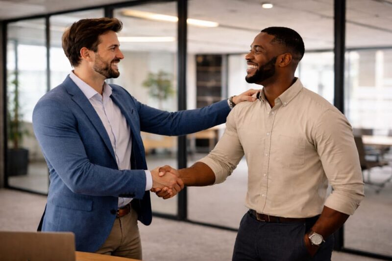 Líder e colaborador apertam as mãos e sorriem em um escritório moderno, representando o reconhecimento profissional e a valorização de resultados no ambiente corporativo.