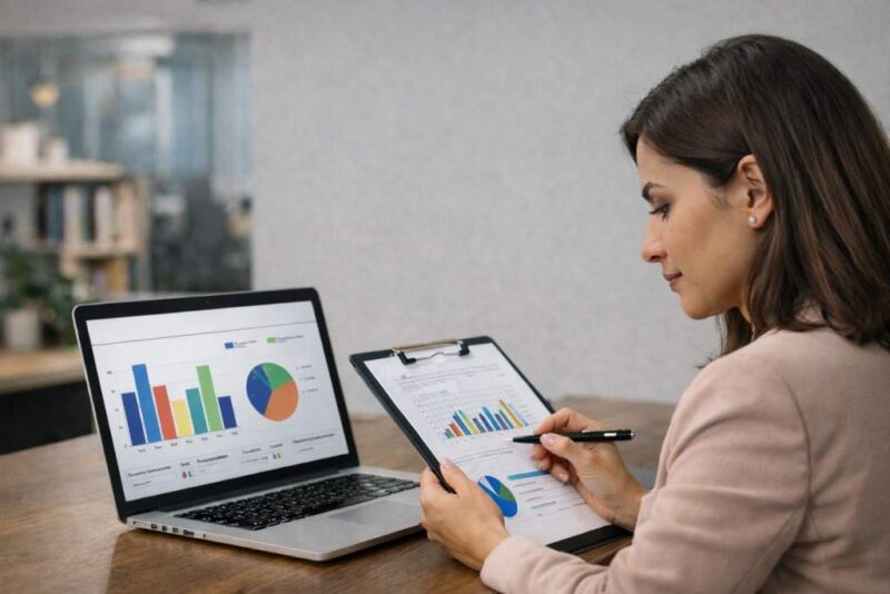 Mulher analisando relatório com gráficos em ambiente corporativo para avaliar resultados da política de remuneração estratégica na empresa.