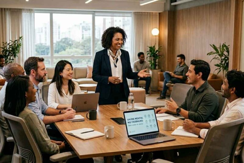 Líder conduz reunião com equipe diversa em ambiente corporativo moderno, promovendo diálogo e colaboração em uma iniciativa voltada à saúde mental nas empresas e ao bem-estar dos colaboradores.