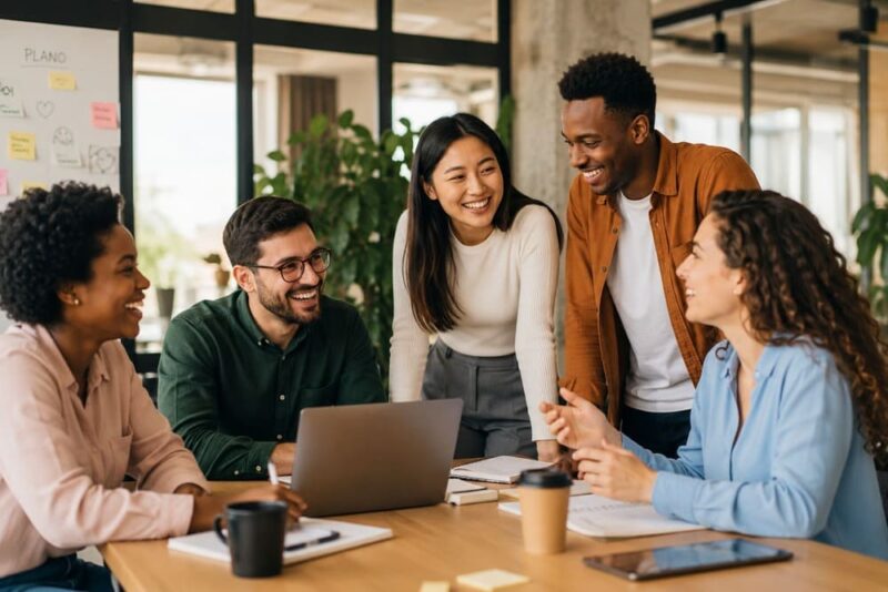 Grupo diverso de colaboradores sorrindo e interagindo durante uma reunião em escritório moderno, representando a segurança psicológica no ambiente de trabalho, com diálogo aberto, colaboração e troca de ideias.