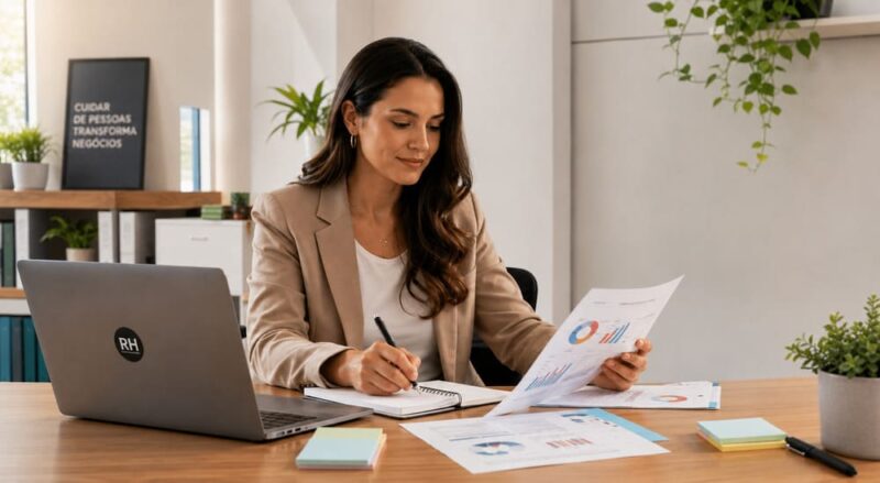Gestora de RH analisando documentos e planejando a estratégia de total compensation em um ambiente corporativo moderno, com foco na estruturação de remuneração, benefícios e valorização dos colaboradores.