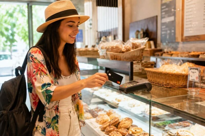 Mulher com chapéu, camisa florida e mochila nas costas realiza uma compra em uma padaria utilizando um cartão de benefícios, ilustrando como funciona o vale-alimentação nas férias conforme a política adotada pela empresa.