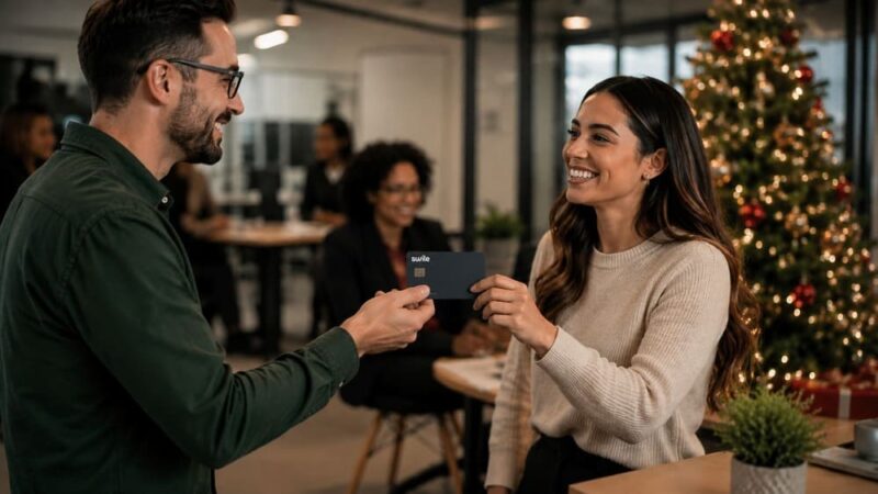 Gestor entrega um cartão de benefício com vale Natal a uma colaboradora sorridente em ambiente corporativo decorado para o fim de ano, com árvore de natal ao fundo.