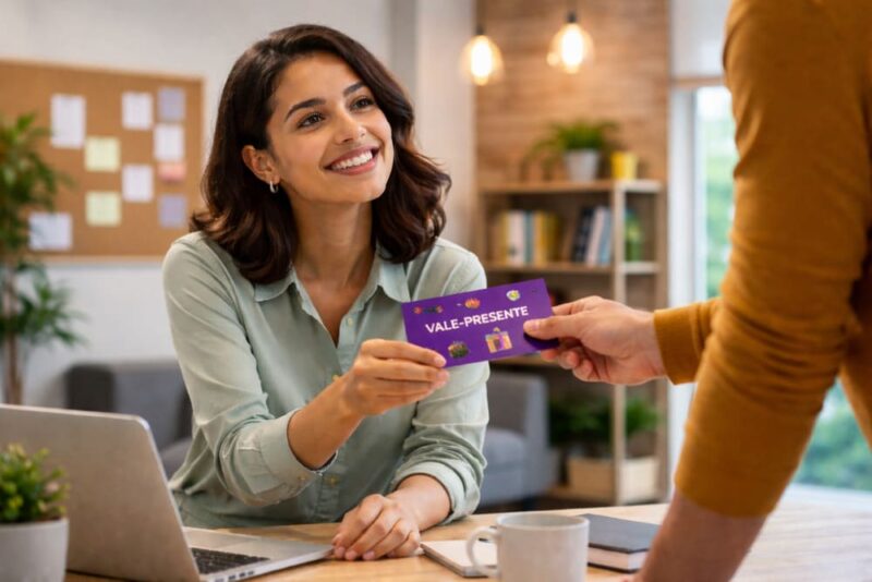 Colaboradora sorrindo enquanto recebe um vale-presente corporativo em um ambiente de escritório moderno.