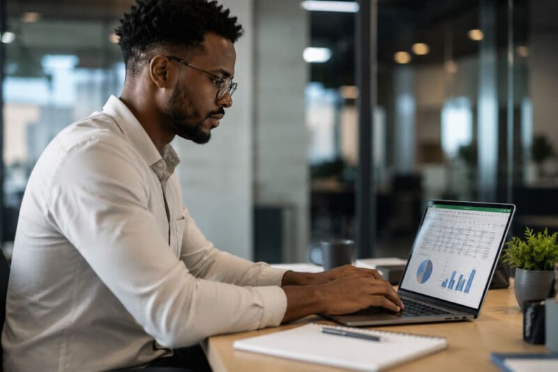 Colaborador negro de óculos faz cálculos no computador em um escritório moderno para definir o valor do vale-alimentação, analisando informações financeiras e benefícios corporativos.