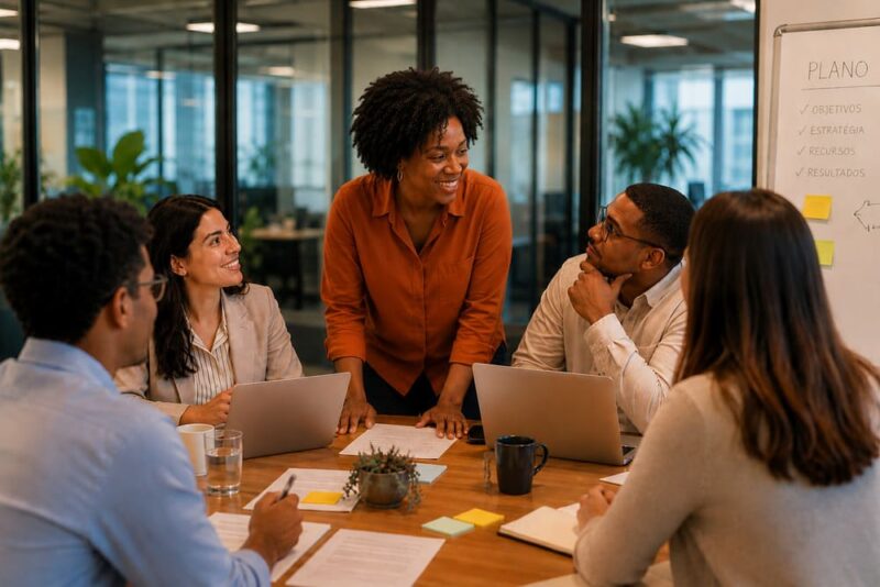 Líder negra conversa com uma equipe em um ambiente corporativo moderno, ilustrando como motivar uma equipe por meio de reconhecimento, comunicação e liderança participativa.