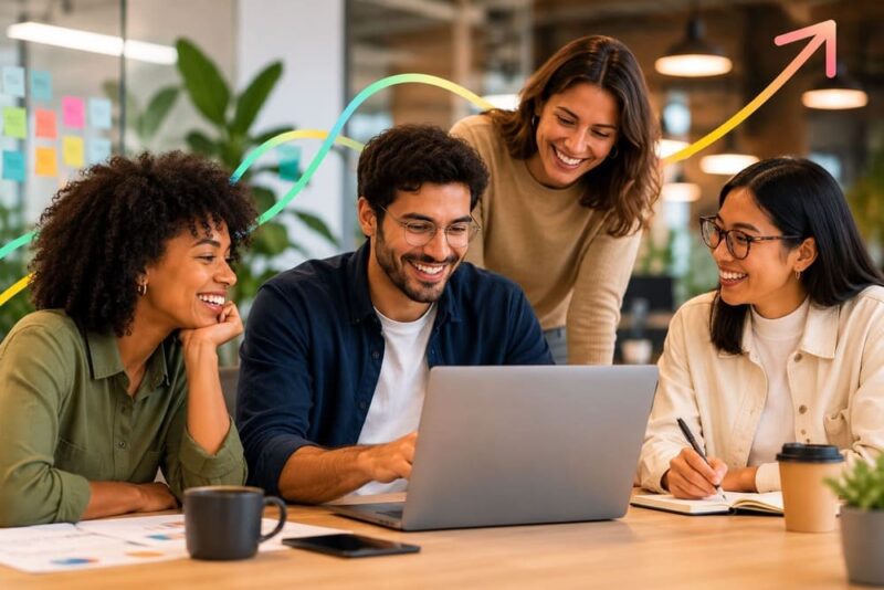 Equipe reunida em um escritório moderno analisando indicadores de desempenho e estratégias de gestão para discutir como fazer uma empresa crescer de forma sustentável, com foco em produtividade, colaboração e desenvolvimento dos colaboradores.