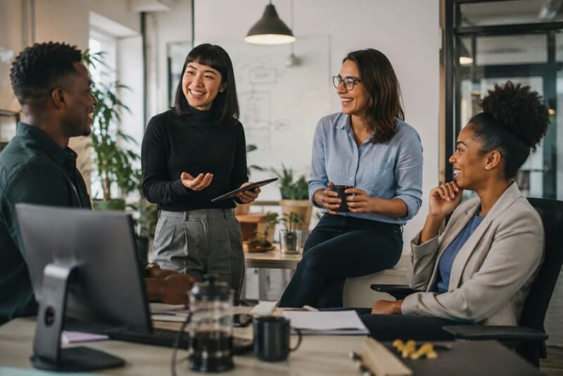 Equipe diversa reunida em uma mesa de trabalho, sorrindo e colaborando em uma sessão de brainstorming com post-its, cadernos e notebook em um escritório moderno, representando a importância da felicidade no trabalho para promover engajamento, colaboração e um ambiente corporativo saudável.