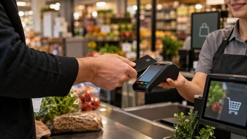 Homem realiza pagamento com cartão preto em um mercado, em uma cena que ajuda a explicar o que é MCC e como a categoria do estabelecimento pode influenciar a transação.