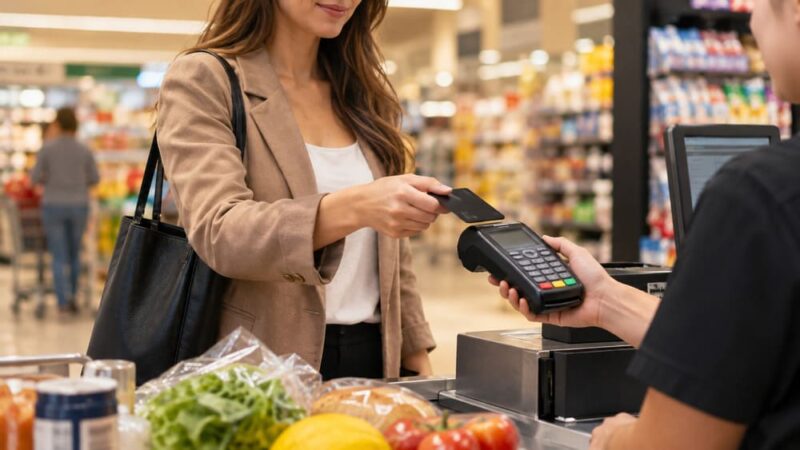 Mulher realizando pagamento com cartão preto na maquininha em um caixa de supermercado, com alimentos sobre a esteira e ambiente de compra ao fundo, representando o que é voucher na maquininha.