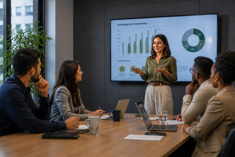 Colaboradora apresenta um projeto para uma equipe diversa durante reunião em escritório, enquanto colegas acompanham a apresentação com atenção, ilustrando a importância da realização profissional no desenvolvimento e engajamento dos colaboradores.
