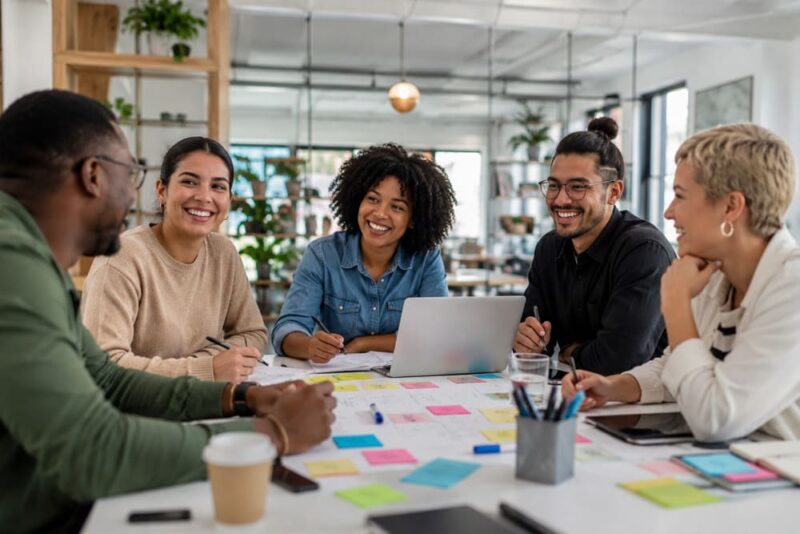 Grupo diverso de colaboradores participa de uma reunião colaborativa com post-its e notebook sobre a mesa, representando como o salário emocional fortalece o engajamento, a experiência e o bem-estar no ambiente de trabalho.