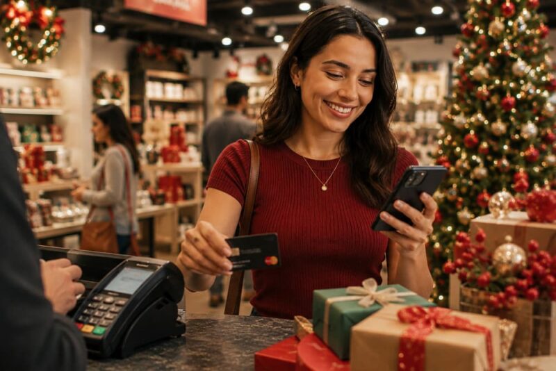 Colaboradora sorrindo enquanto utiliza um cartão multibenefícios para compras em uma loja decorada para o fim de ano e confere saldo pelo celular, ilustrando uma sugestão de presente de Natal para funcionários baseada em benefícios flexíveis.
