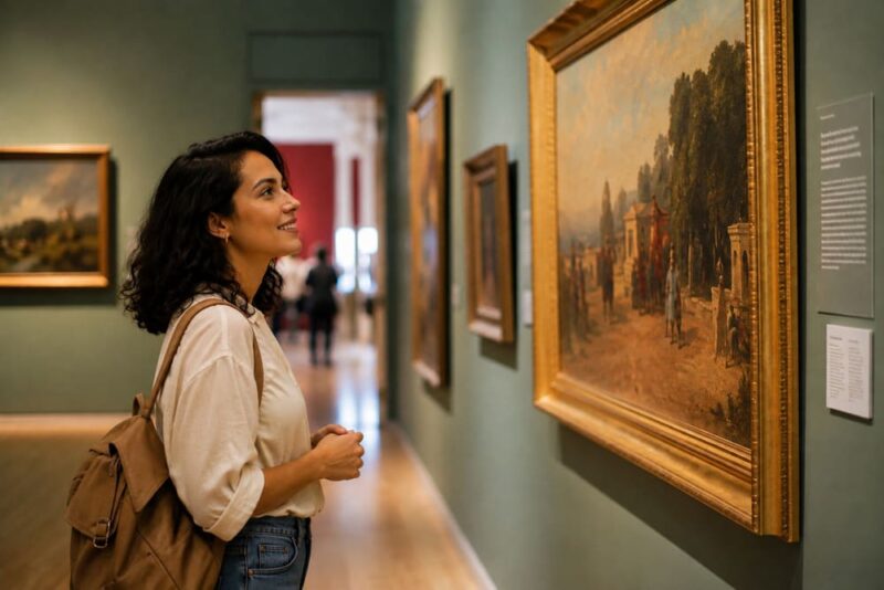 Colaboradora sorrindo enquanto admira um quadro em museu, representando onde aceita vale-cultura.