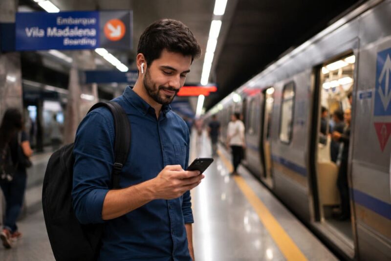 Colaborador com fone de ouvido em uma estação de metrô consultando o benefício de vale-transporte digital no celular antes do embarque.