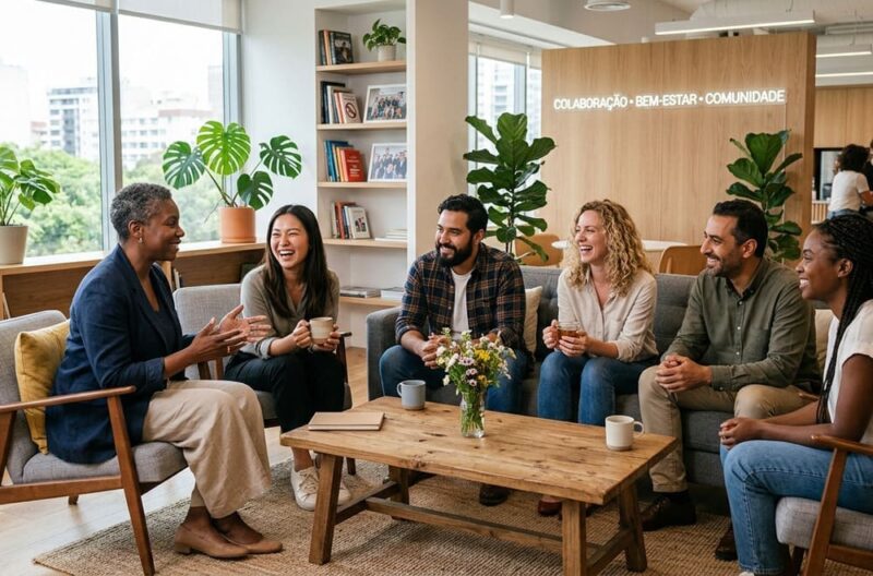 Grupo de colaboradores reunidos em um ambiente corporativo moderno durante uma conversa descontraída, representando a experiência e o bem-estar valorizados no conceito de CLT Premium.