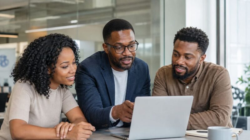 Líder conversa com dois colaboradores sobre desenvolvimento profissional durante uma iniciativa de gestão de talentos em um escritório moderno.