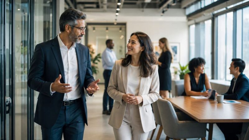 Colaborador conversa com seu líder em escritório moderno, enquanto colegas interagem ao fundo da imagem, representando diferentes momentos da jornada do colaborador na empresa.