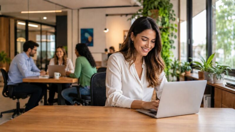 Mulher sorrindo enquanto trabalha em escritório acolhedor, representando qualidade de vida no trabalho e uma rotina mais equilibrada.