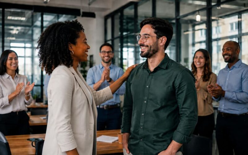 Líder sorrindo para colaborador enquanto colegas batem palmas ao fundo em um momento de valorização profissional.